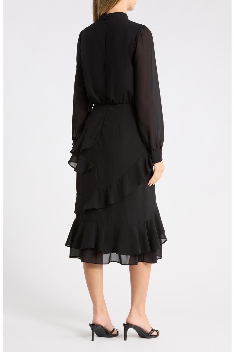 Evelyn Mock Neck Ruffle Long Sleeve Midi Dress, Alternate, color, BLACK