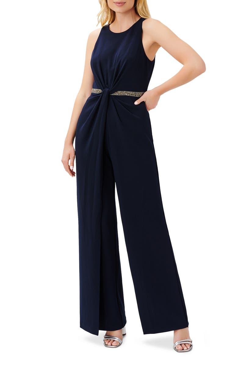 Adrianna Papell Crystal Belt Sleeveless Crepe Jumpsuit, Alternate, color, 