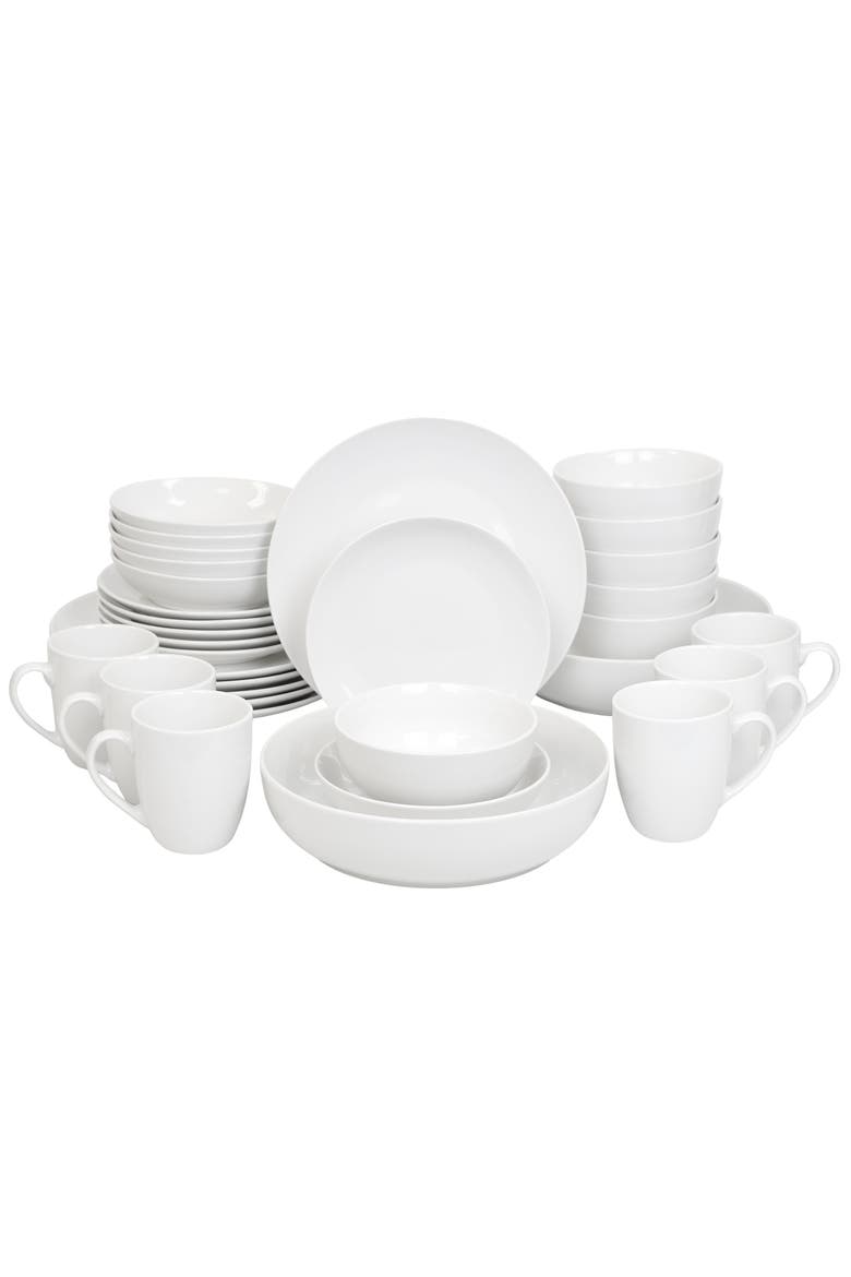 Iris 32 Piece Porcelain Dinnerware Set with 2 Serving Bowls, Main, color, White