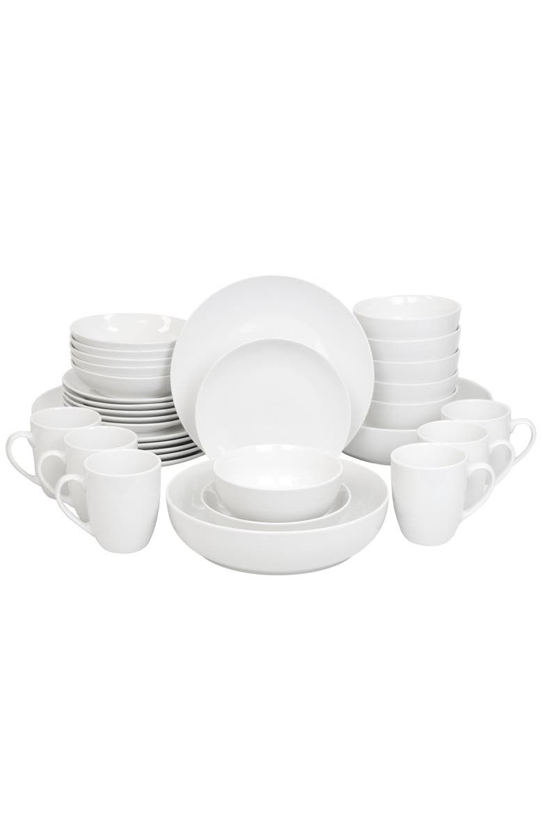 Elama Iris 32 Piece Porcelain Dinnerware Set with 2 Large Serving Bowls, Main, color, White