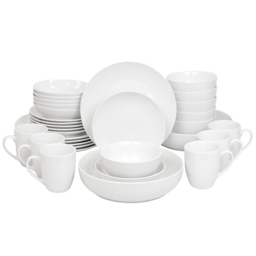 Elama Iris 32 Piece Porcelain Dinnerware Set With 2 Large Serving Bowls In White