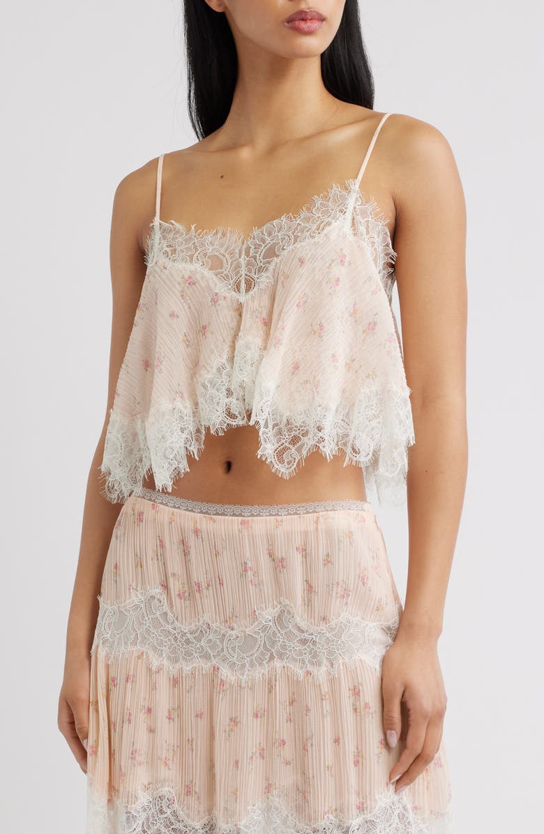 LoveShackFancy Elysia Eyelash Lace Trim Crop Silk Top, Main, color, 