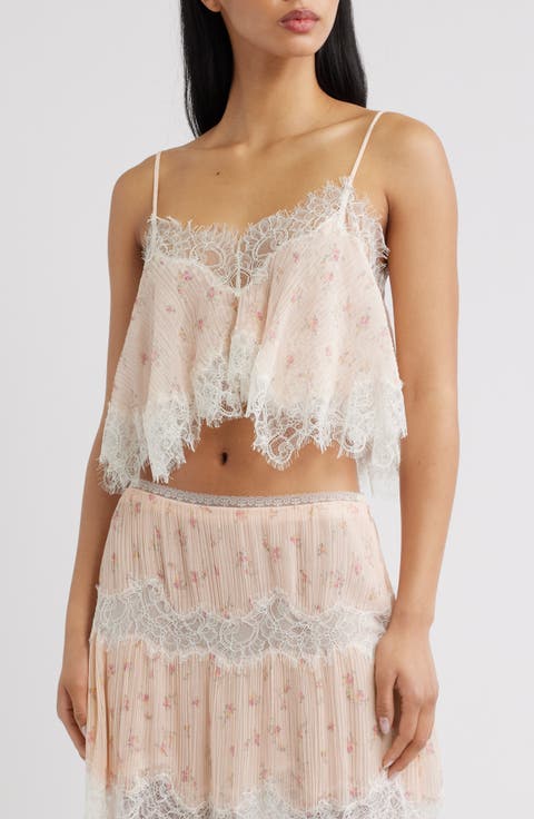 Elysia Eyelash Lace Trim Crop Silk Top