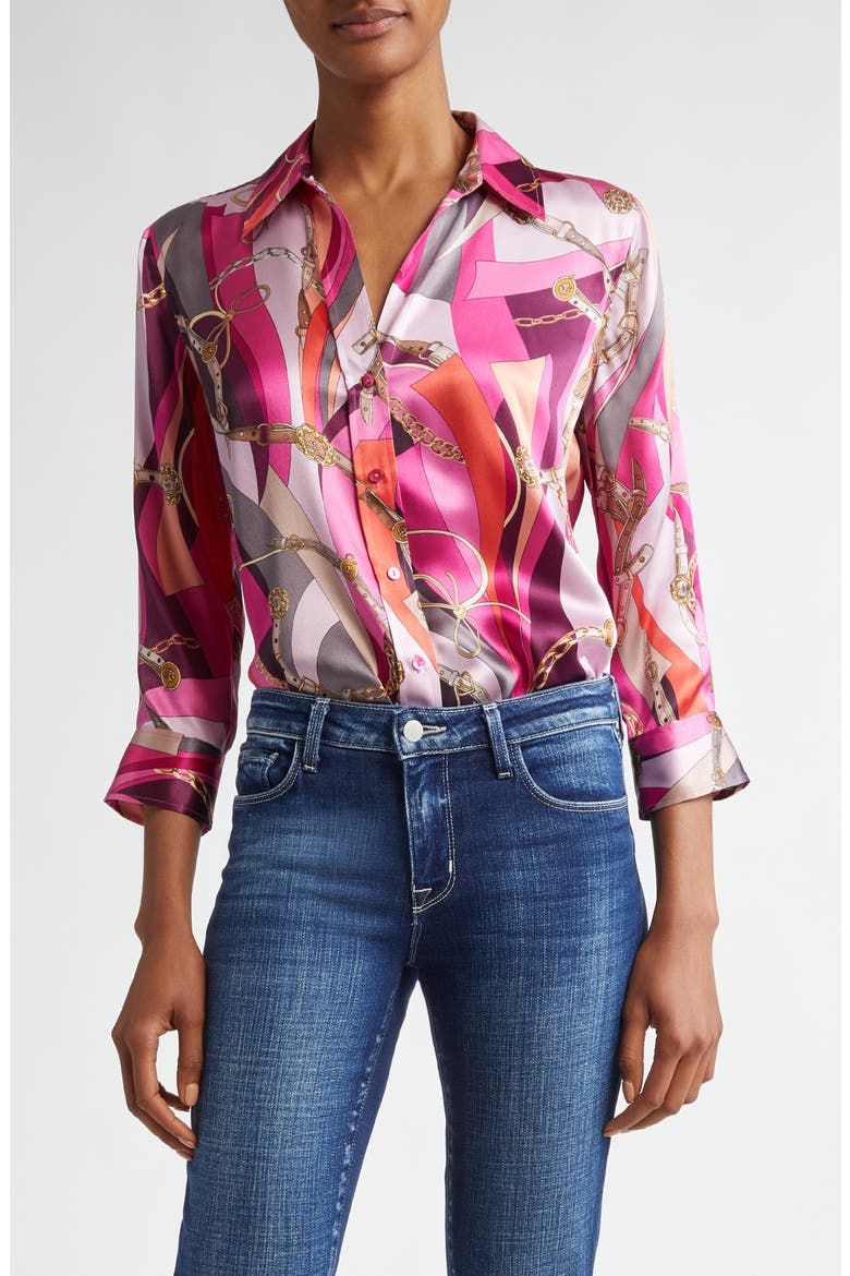 Dani Mixed Print Silk Button-Up Shirt, Main, color, PINK MULTI