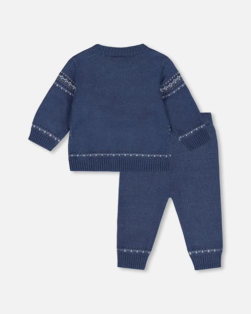 Deux Par Deux Knitted Jacquard Sweater And Pant Set With Bears In Blue
