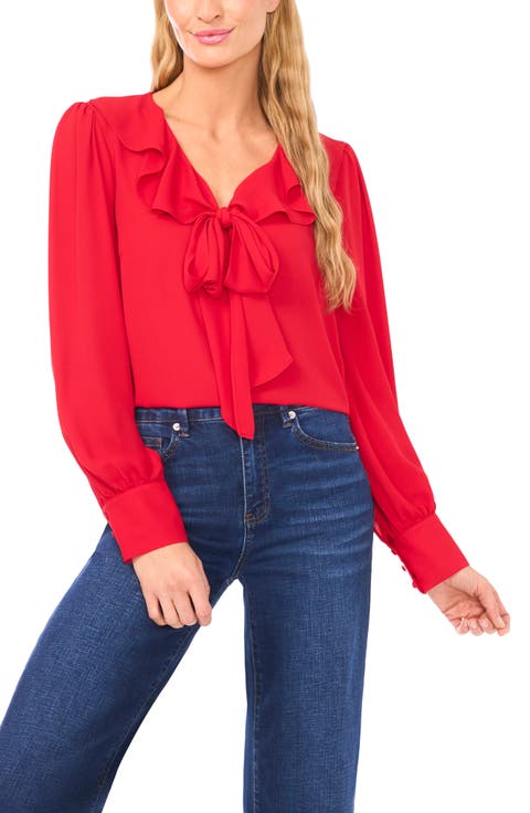 Ruffle Tie Neck Long Sleeve Georgette Top