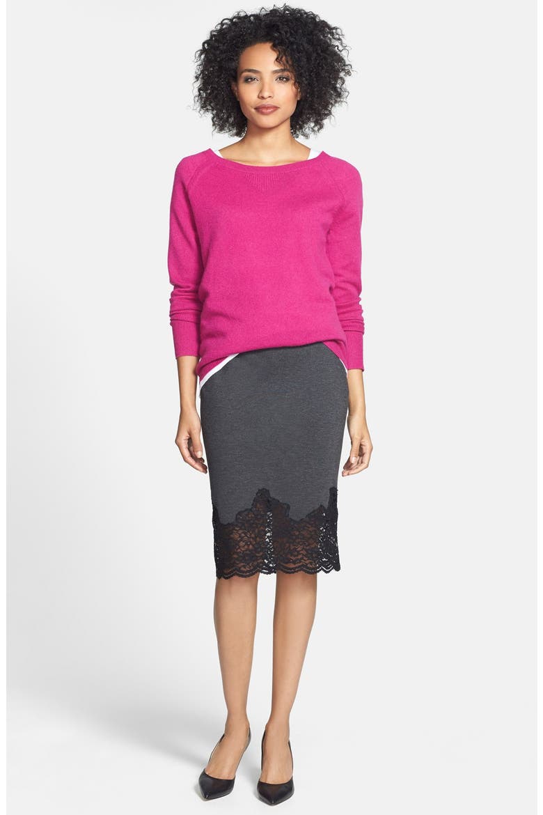 Lace Hem Stretch Ponte Pencil Skirt, Alternate, color, DARK HEATHER GREY
