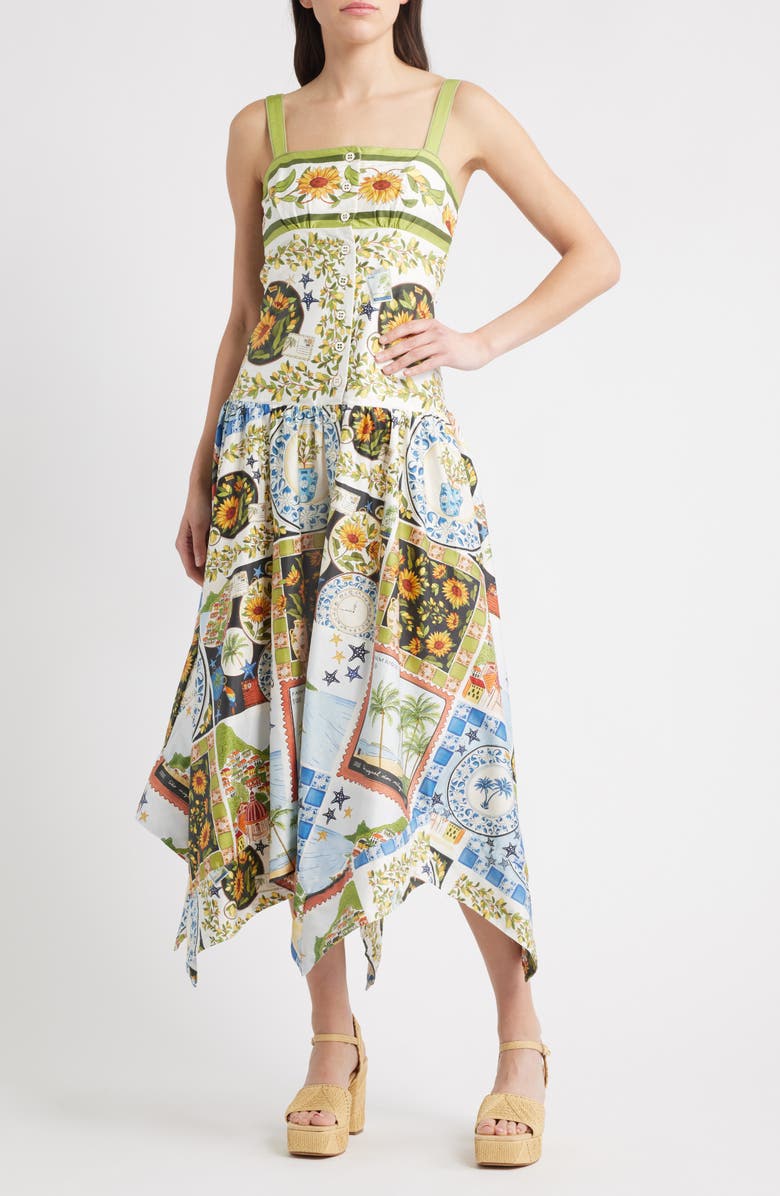 Latin Trip Print Asymmetric Cotton Button-Front Sundress