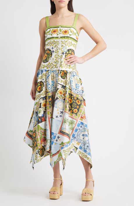 FARM Rio Latin Trip Print Asymmetric Cotton Button-Front Sundress