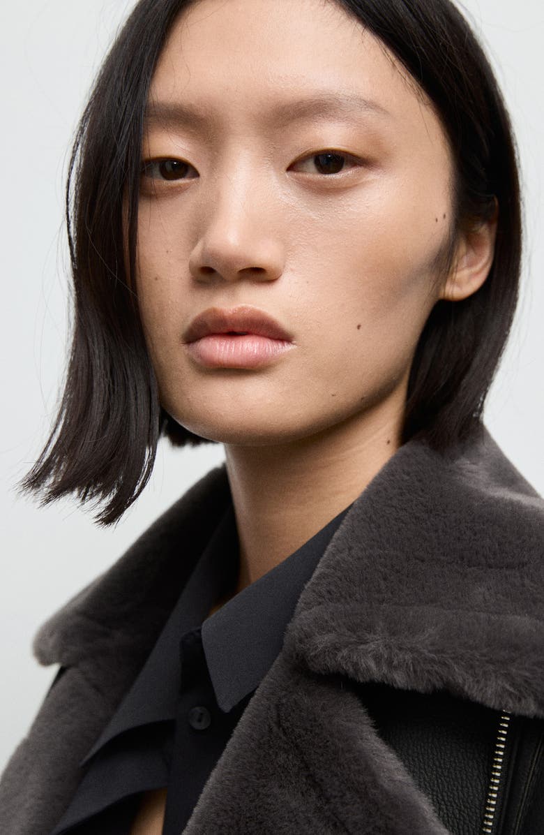 MANGO Faux Fur Collar Faux Leather Biker Jacket, Alternate, color, Black