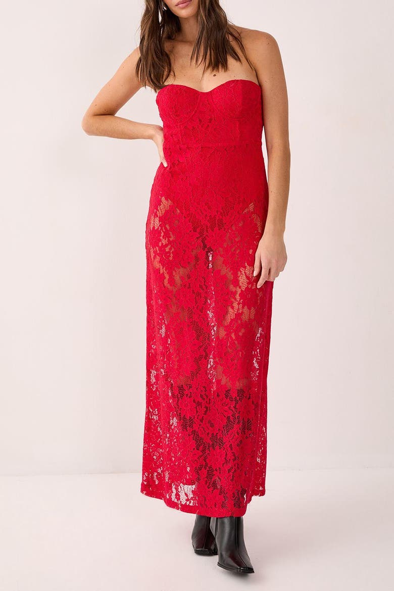 Lace Bandeau Sheer Maxi Dress, Alternate, color, Red