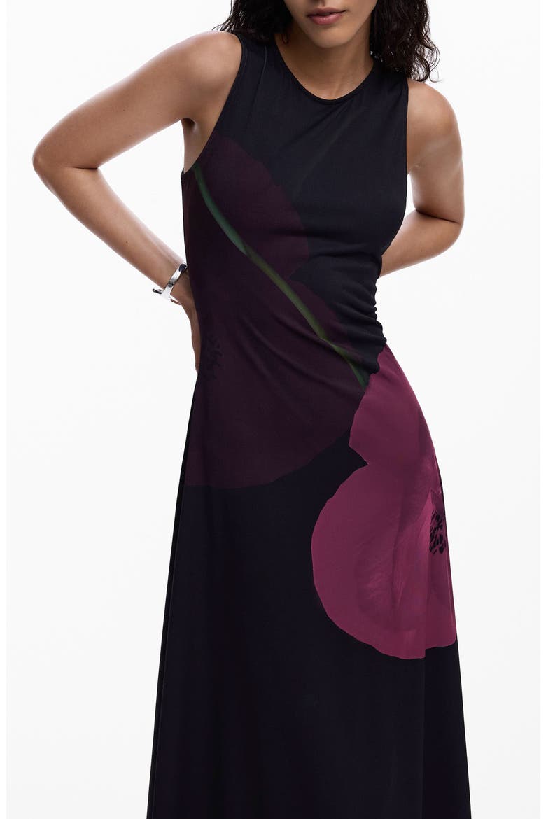 Print Asymmetric Hem Midi Dress, Alternate, color, BLACK