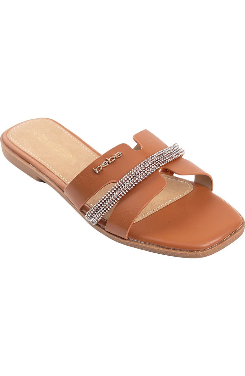 bebe Rhinestone Slide Sandal, Main, color, Cognac