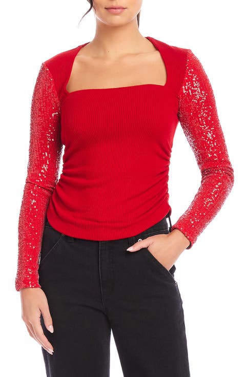 Cady Sequin Sleeve Rib Top