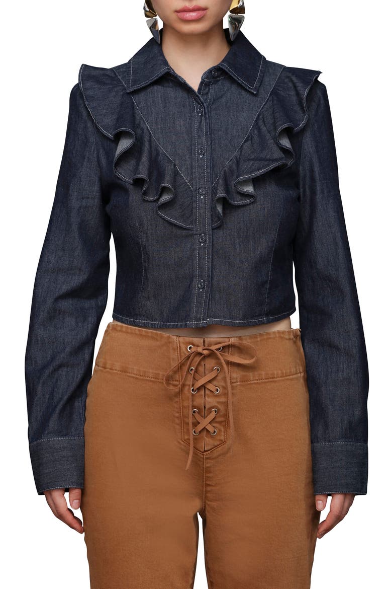 Ruffle Yoke Denim Button-Up Shirt, Main, color, MEDIUM BLUE WASH