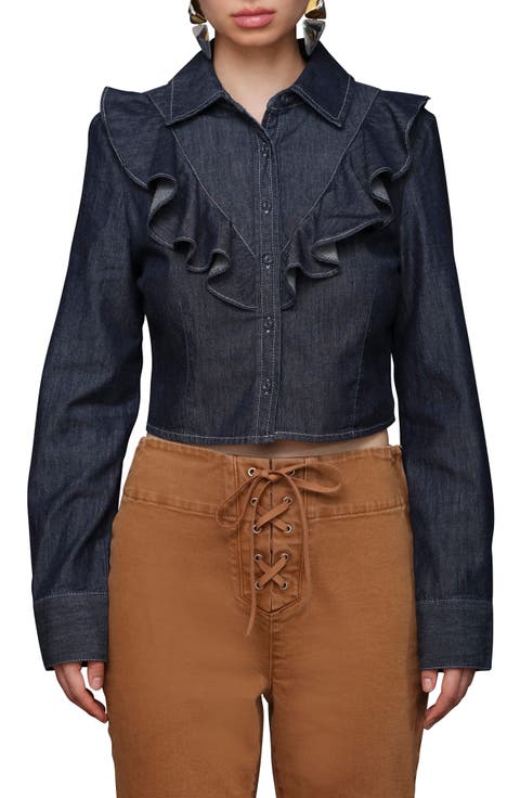 Ruffle Yoke Denim Button-Up Shirt