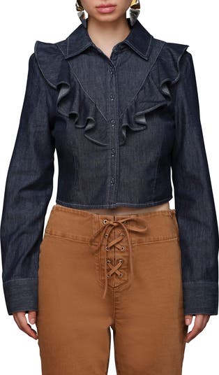 Ruffle Yoke Denim Button-Up Shirt