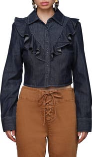 Avec Les Filles Ruffle Yoke Denim Button-Up Shirt