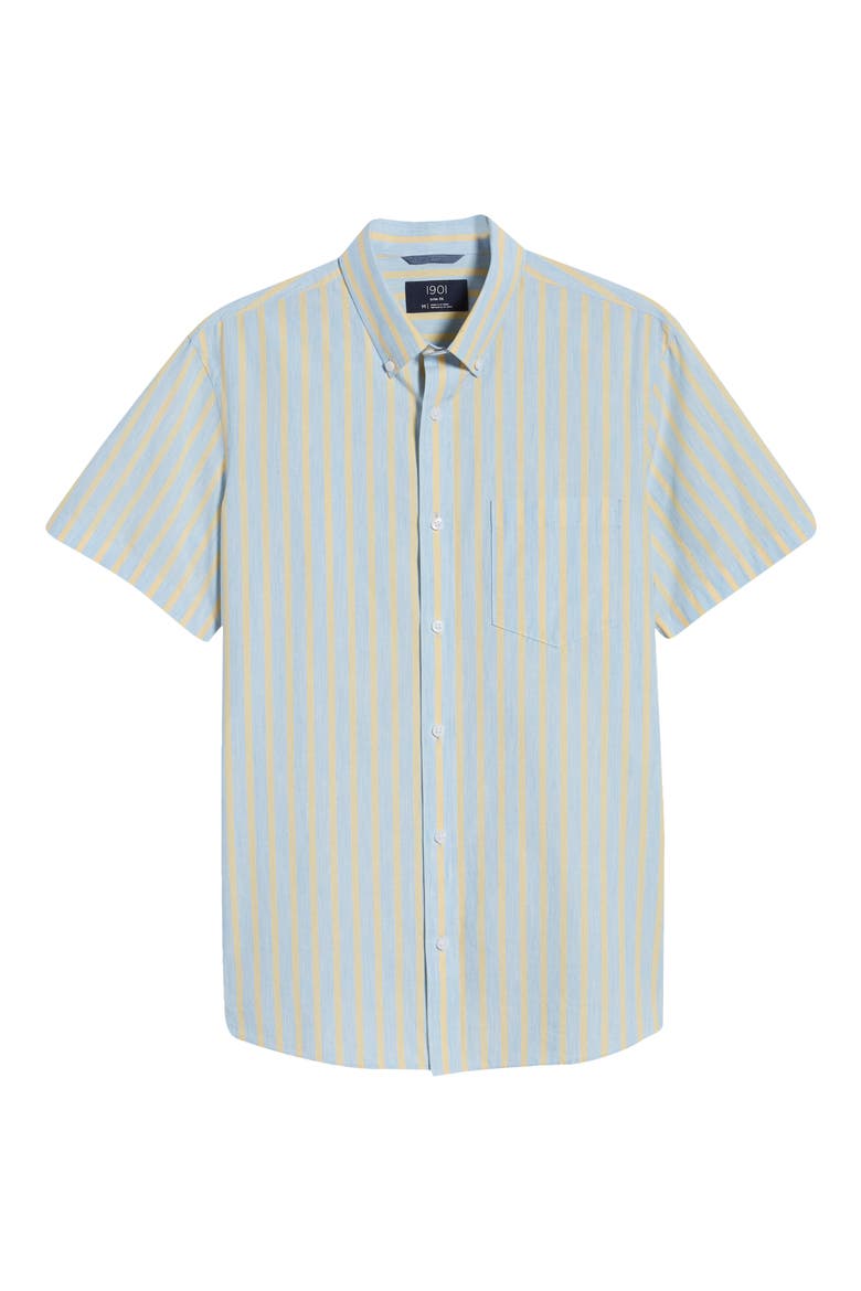 Slim Fit Stripe Short Sleeve Button-Down Shirt, Alternate, color, BLUE YELLOW HEATHER STRIPE