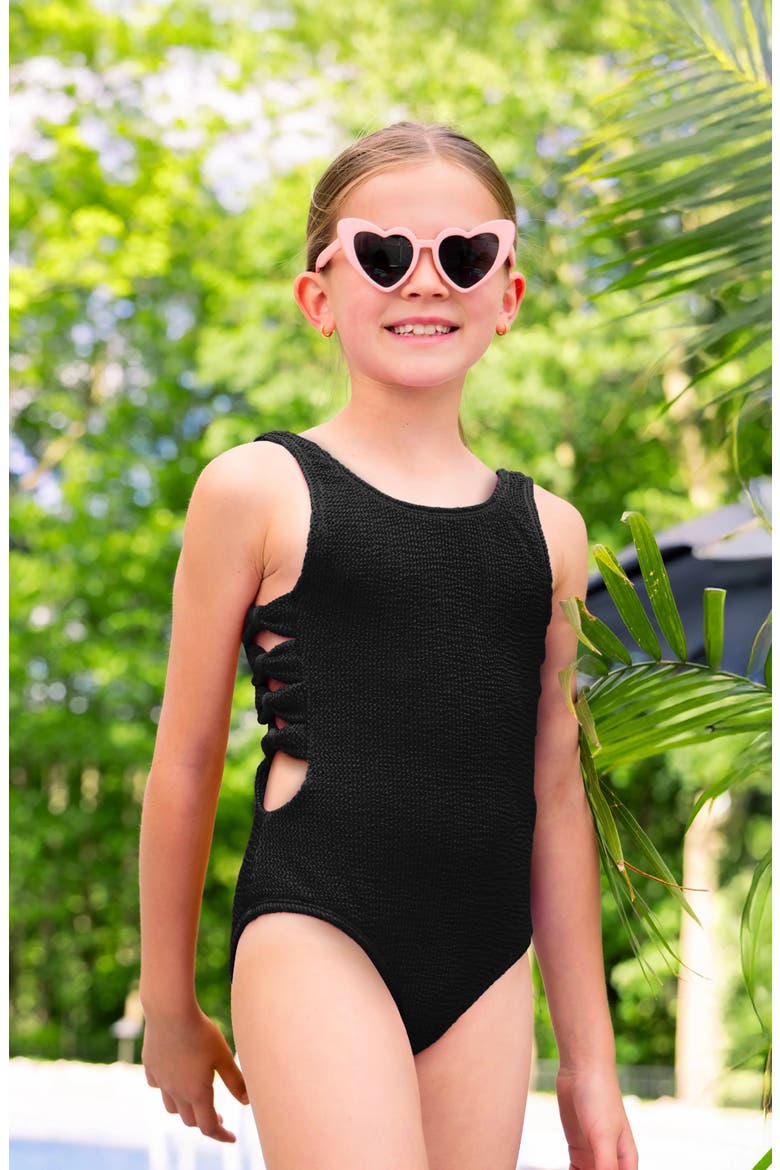 Crinkle Bow Side Cutout One Piece, Alternate, color, Black