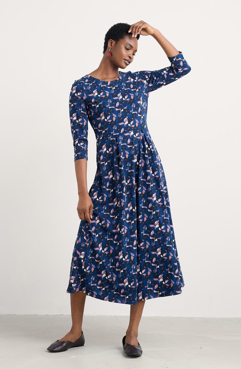 Seasalt Cornwall Veronica Print Stretch Organic Cotton Jersey Midi Dress, Alternate, color, Macro Flower Marine