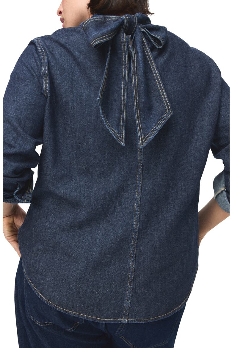 Tie Neck Denim Button-Up Shirt, Alternate, color, DARK BLUE
