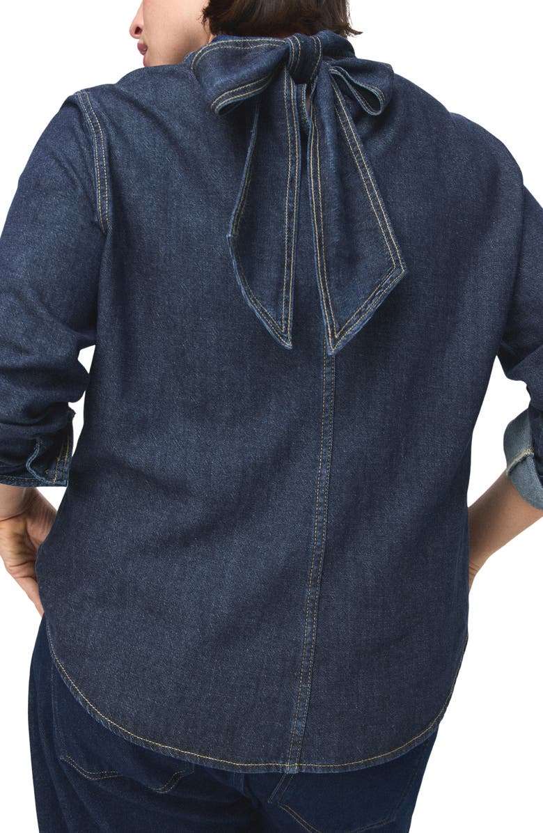 MANGO Tie Neck Denim Button-Up Shirt, Alternate, color, Dark Blue