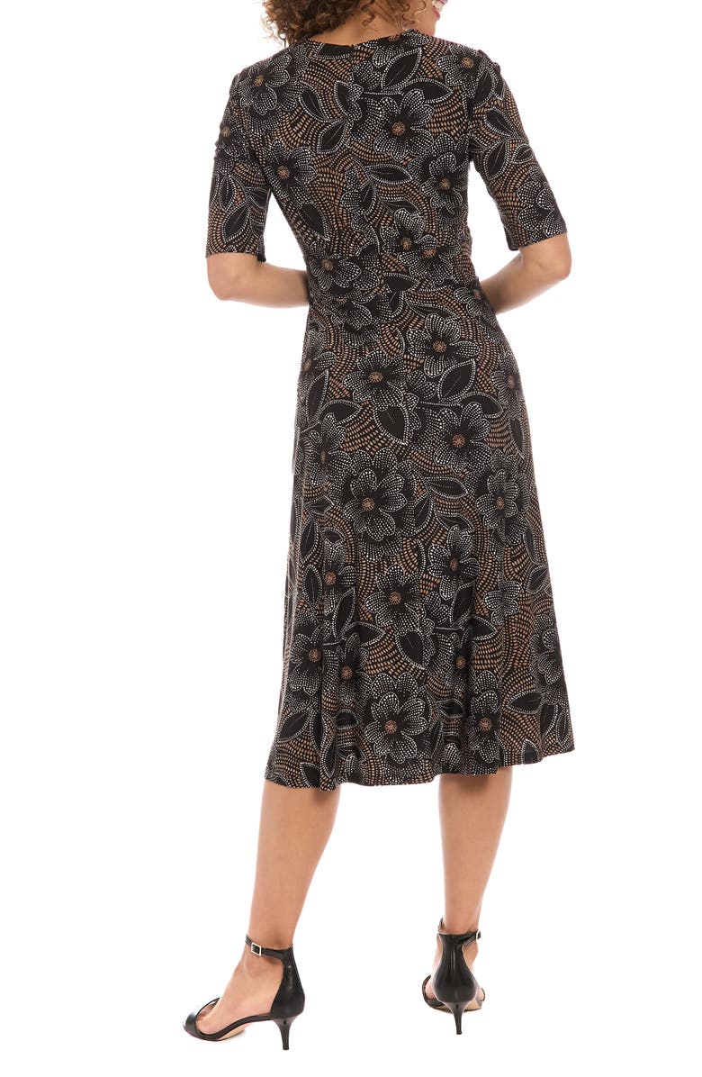 London Times Floral Short Sleeve Inset Waist Midi Dress, Alternate, color, Black/ Tan