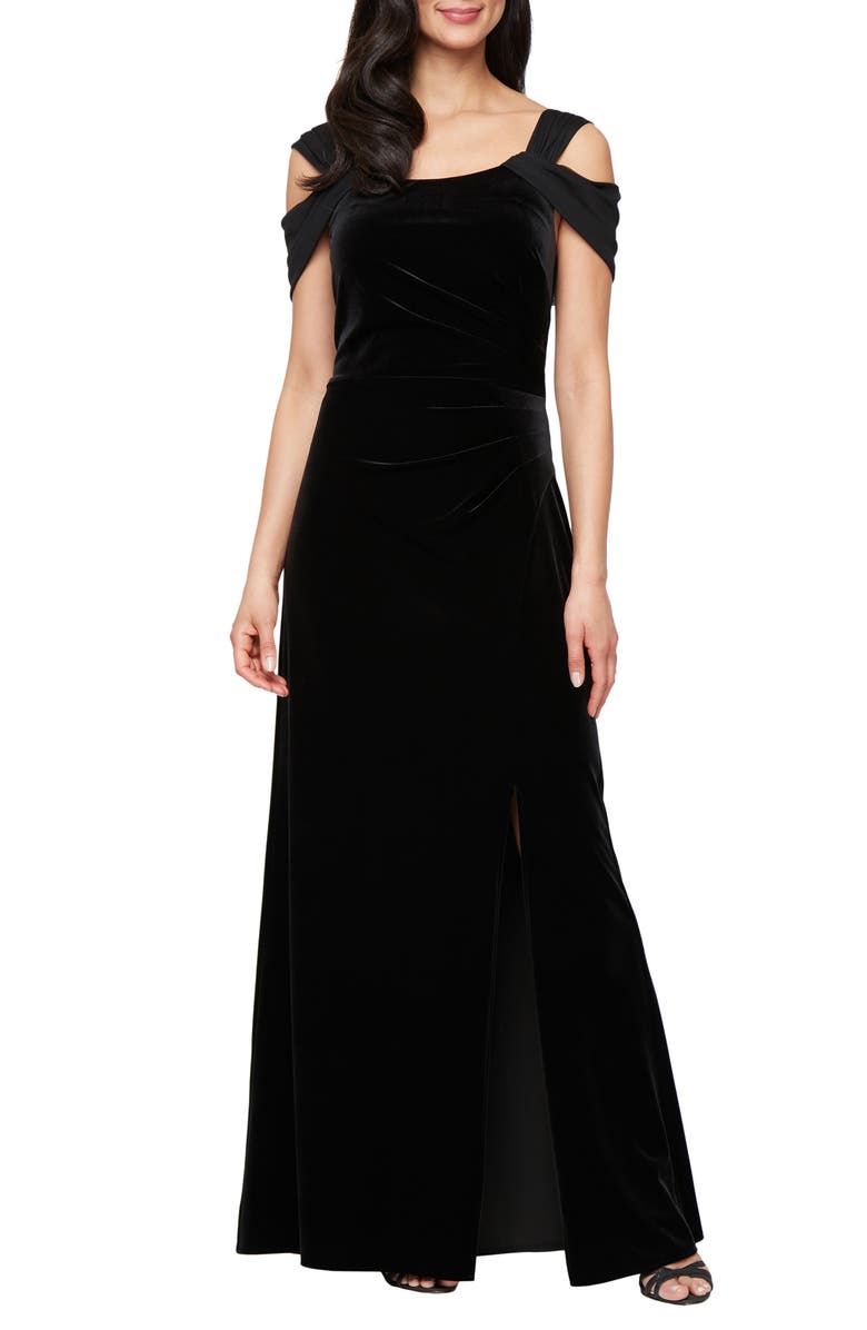 Alex Evenings Cold Shoulder Velvet Gown, Main, color, Black