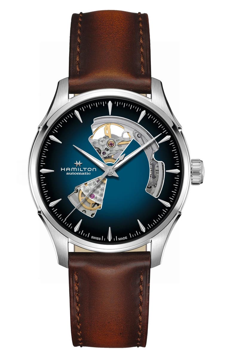 Hamilton Jazzmaster Open Heart Leather Strap Watch, 40mm, Main, color, Blue