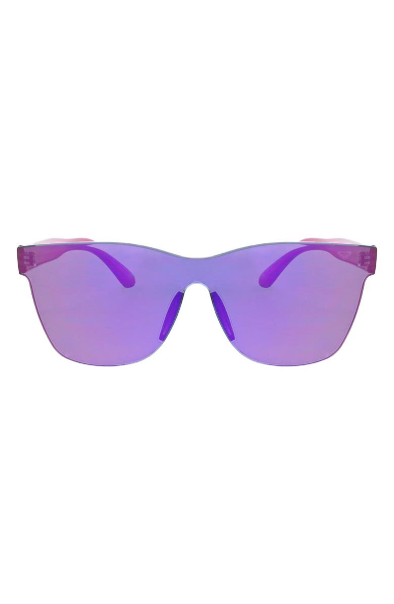 Roxy 146mm Rimless Shield Sunglasses, Main, color, Purple Mirror