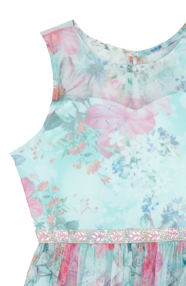 Rare Editions Floral Glitter Mesh Ruffle Tiered Party Dress, Alternate, color, Teal