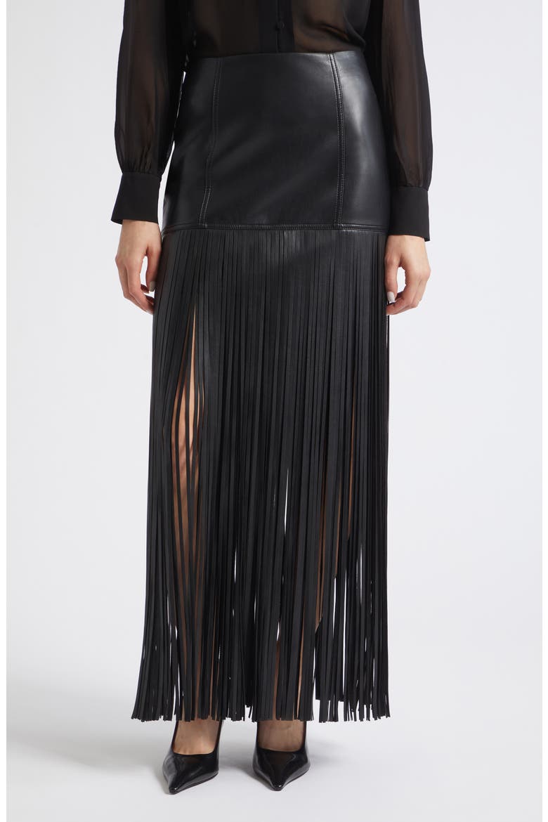 Soren Fringe Faux Leather Maxi Skirt, Main, color, JET