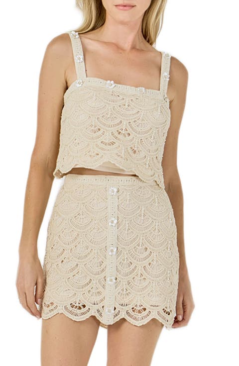 Embellished Crop Cotton Blend Lace Camisole Top