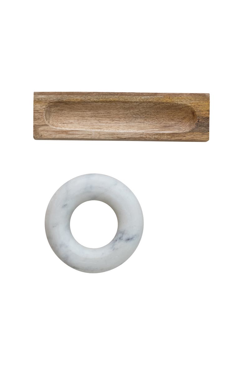 Mango Wood Mortar with Marble Ring Shaped Pestle, Natural and White, Alternate, color, Natural