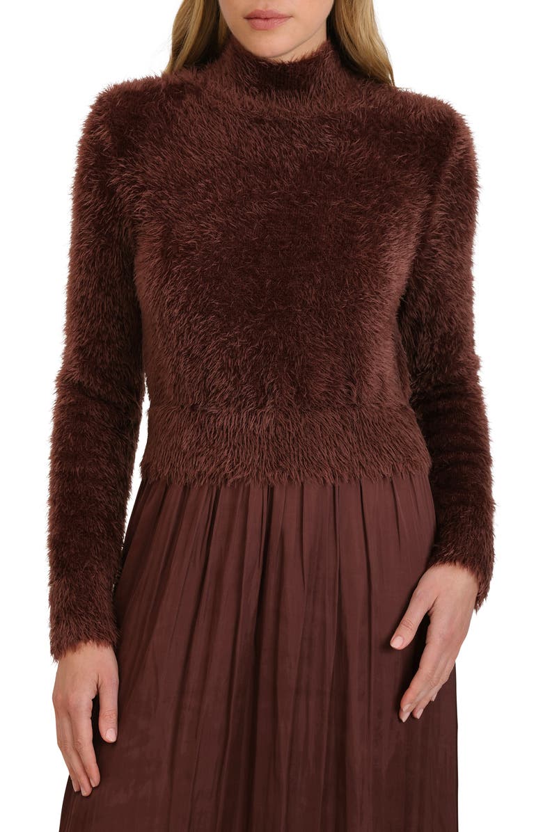 Avec Les Filles Long Sleeve Mixed Media Maxi Dress, Alternate, color, Chocolate