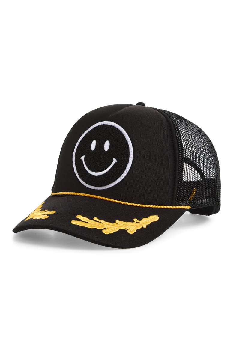 Capt'n Smiley Patch Snapback Trucker Hat, Main, color, BLACK