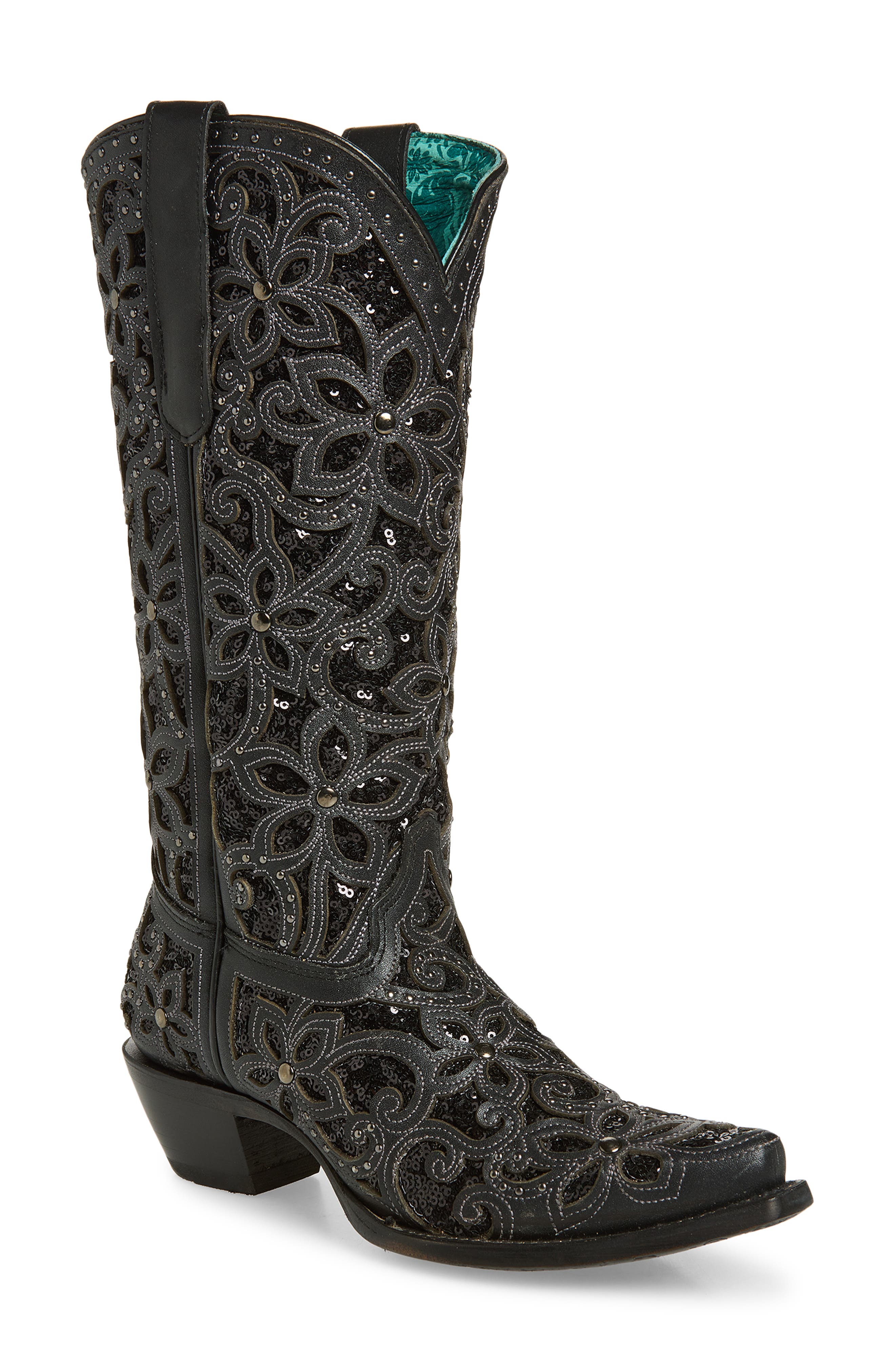 CORRAL Sequin Mid Calf Western Boot, Main, color, Black