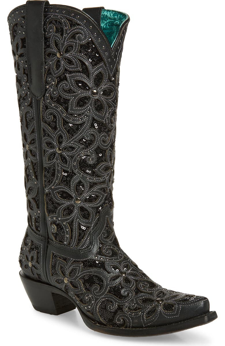 CORRAL Sequin Mid Calf Western Boot, Main, color, Black