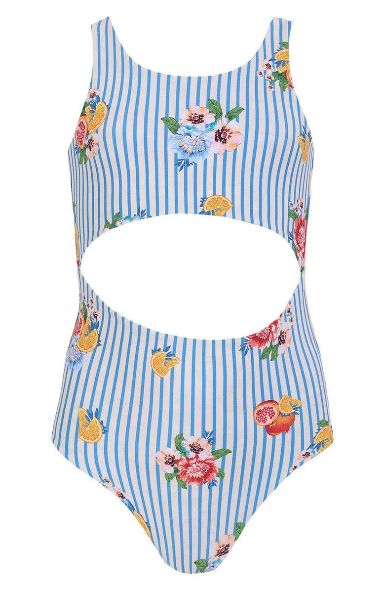 Agua Bendita Kids' Ame Cutout One-Piece Swimsuit, Main, color, Blue Multi