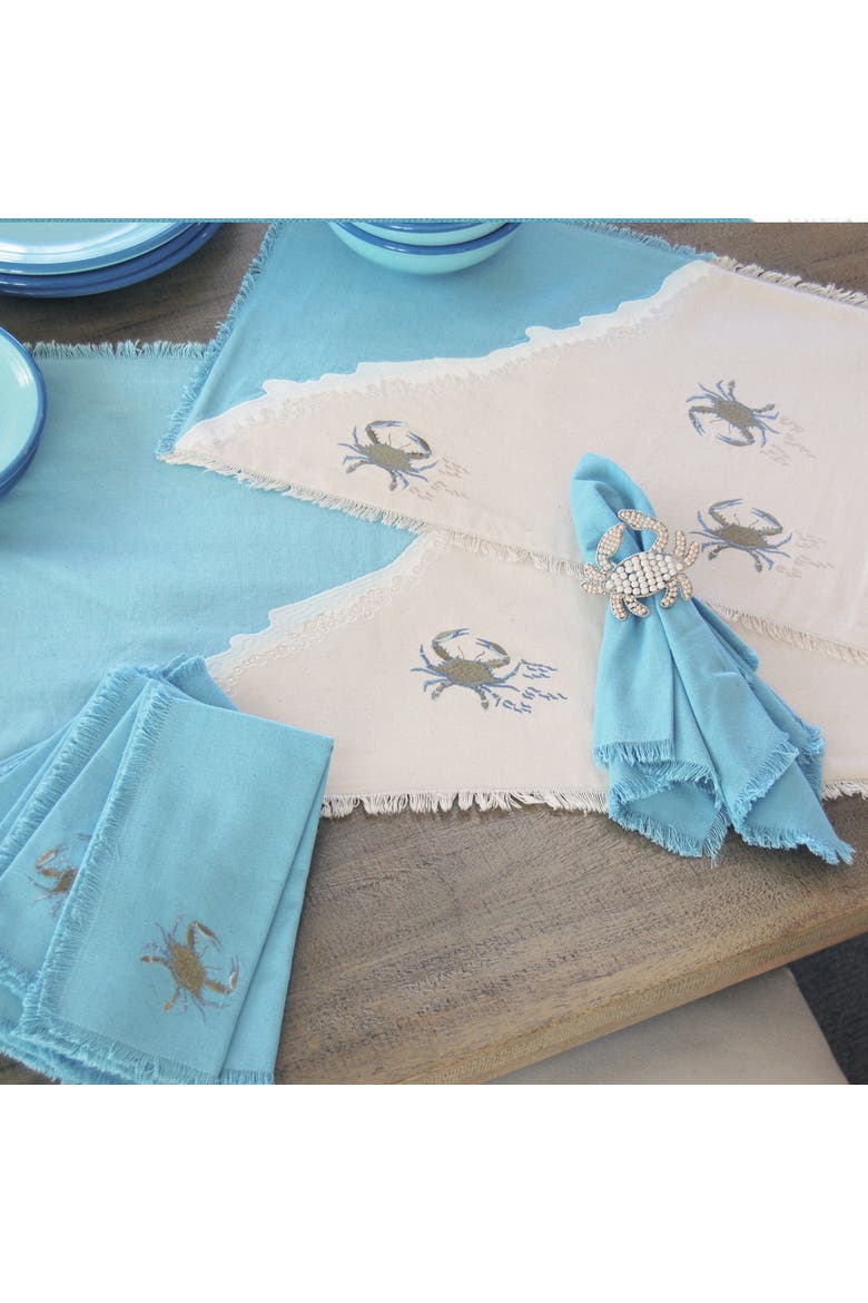 Blue Crab 100% Cotton Embroidered Set of 4 Fringe Cloth Napkins, Alternate, color, Blue