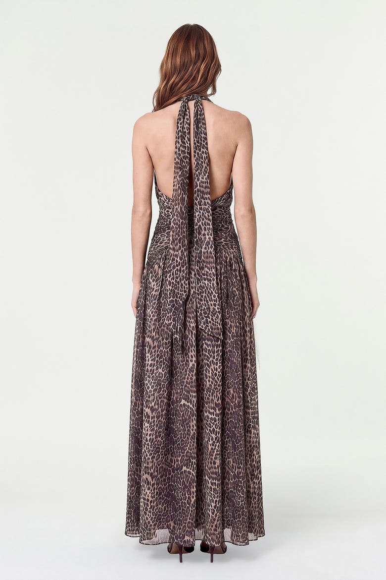 Arella Deep Plunge Printed Halter Maxi Dress, Alternate, color, DESERT LEOPARD