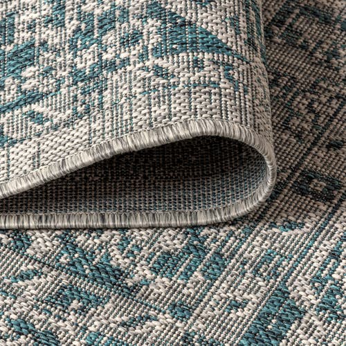 Jonathan Y Rozetta Boho Medallion Textured Weave Indoor/outdoor Round Area Rug In Gray/teal