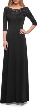 La Femme Jersey Mother of the Bride Gown with Lace Neckline
