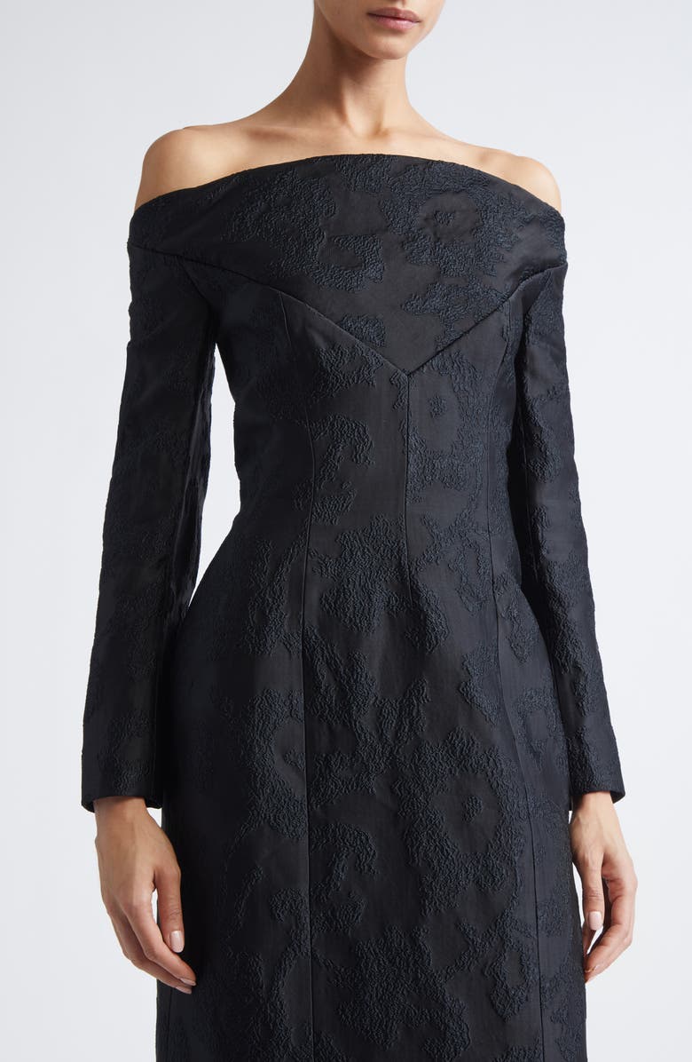 Emilia Wickstead Zarith Off the Shoulder Long Sleeve Bouclé Jacquard Evening Gown, Alternate, color, Black
