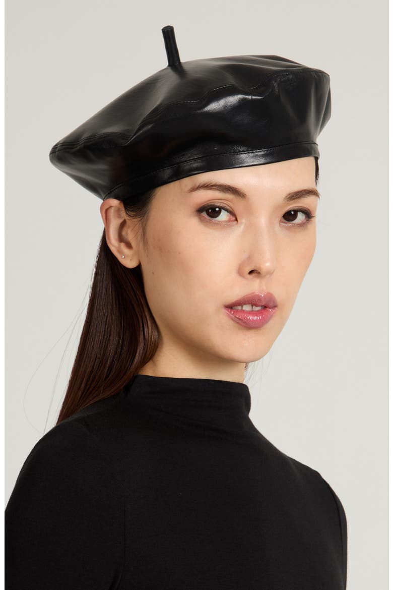 Carter Leather Beret, Alternate, color, BLACK