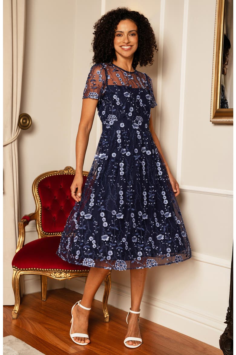 Embroidered Mesh Midi Dress, Alternate, color, Navy