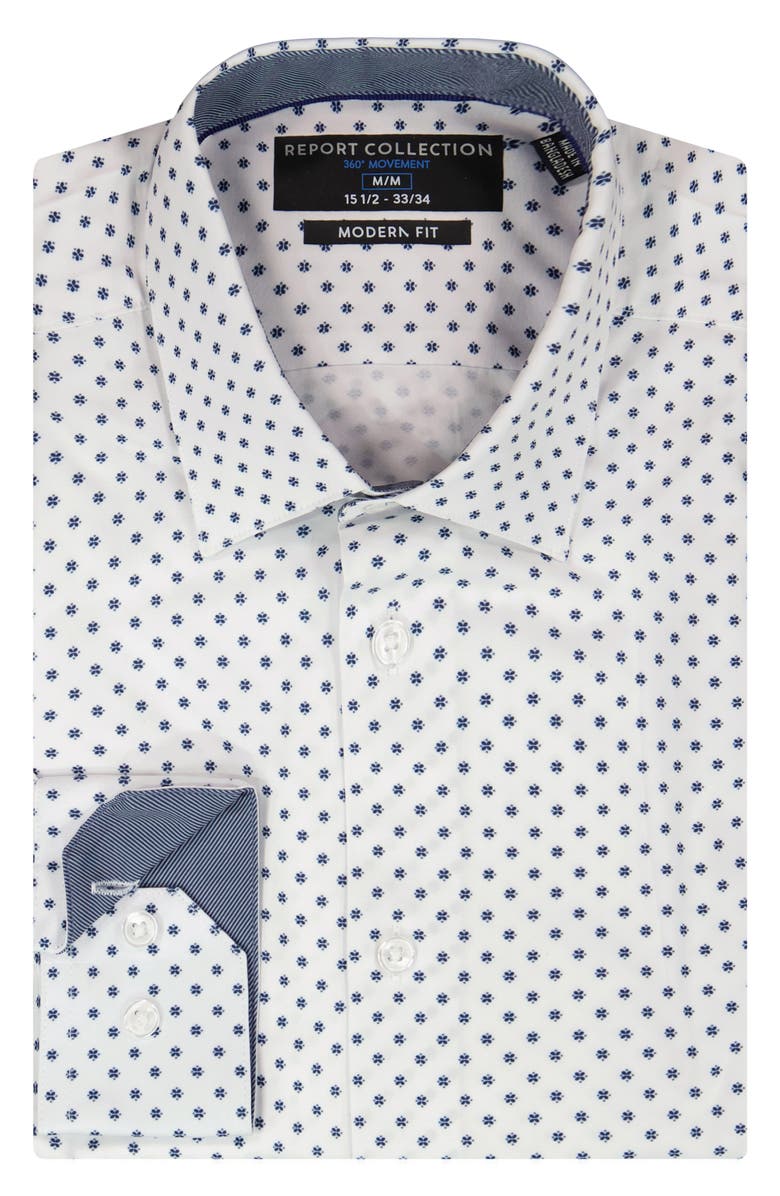 Report Collection Modern Fit Geometric Print 4-Way Stretch Button-Up Shirt, Alternate, color, 01 White