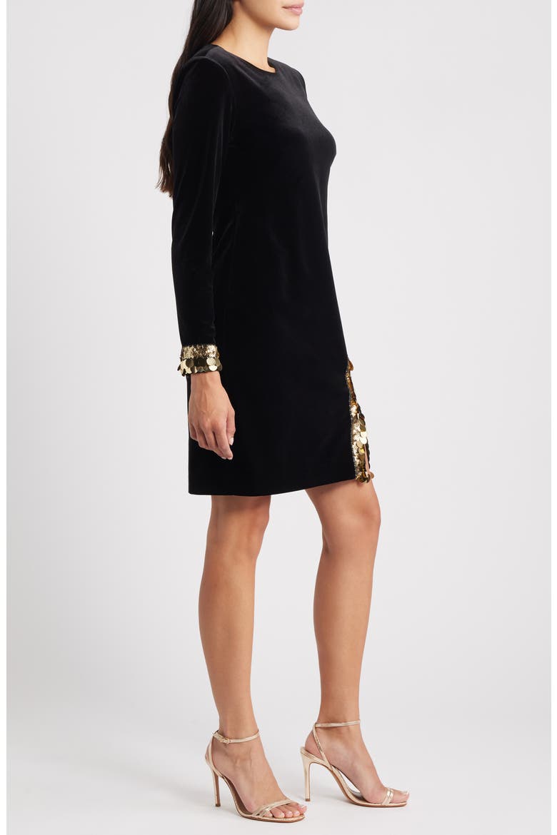 Paillette Detail Long Sleeve Velvet Cocktail Dress, Alternate, color, BLACK
