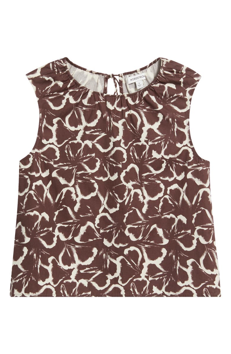 Nordstrom Floral Gathered Neck Poplin Sleeveless Top, Main, color, Brown Floating Ginko